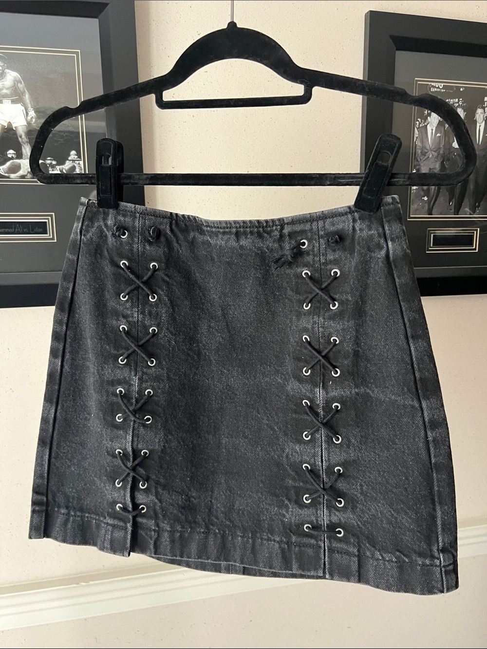 Topshop Washed Black Denim Mini Skirt with Front Lace-Up Detail